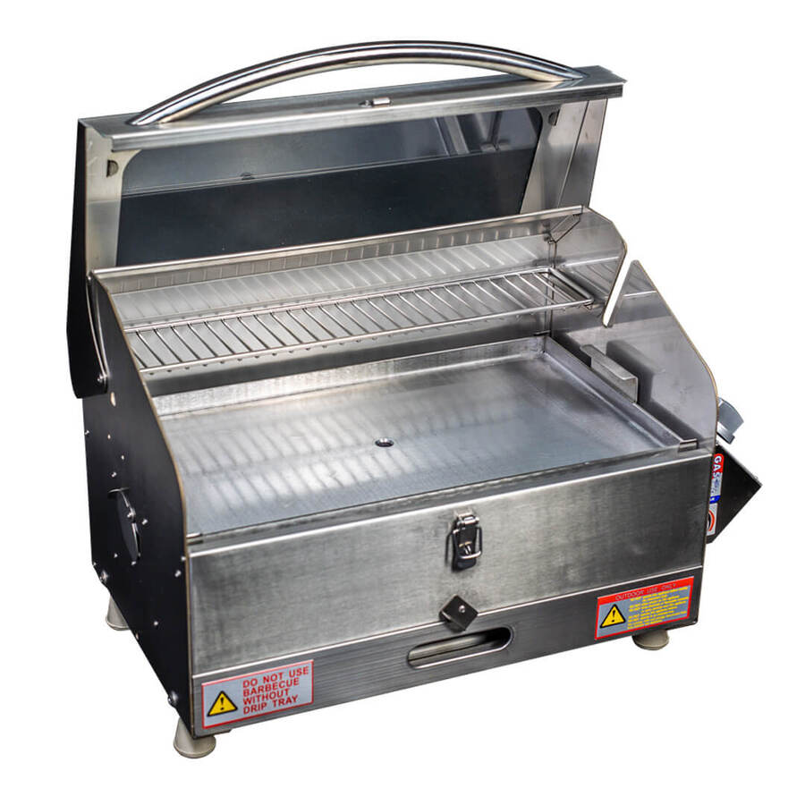 galleymate 1100 marine BBQ product image with the hood open showing the inside