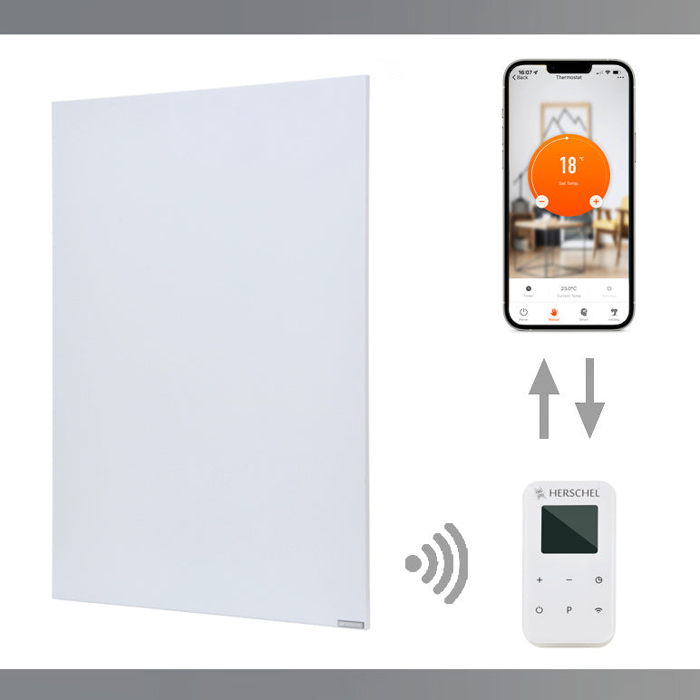 Heater Thermostats | Accessories collection page picture showing an infrared panel with a thermostat controller and smartlife app on a mobile phone