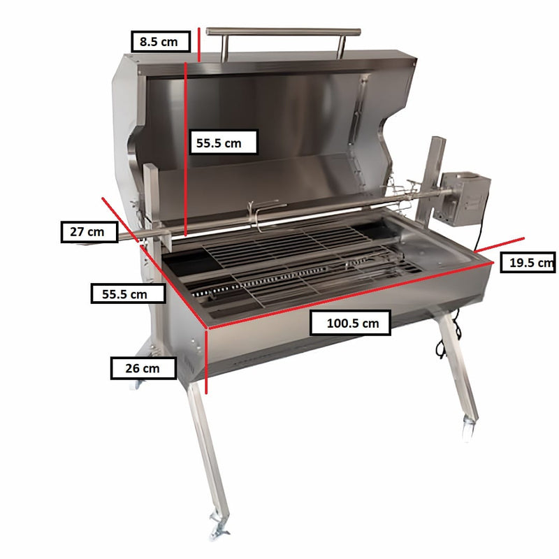 1000 mm Charcoal & Gas Dual Fuel BBQ Spit Roaster side view showing more measurements