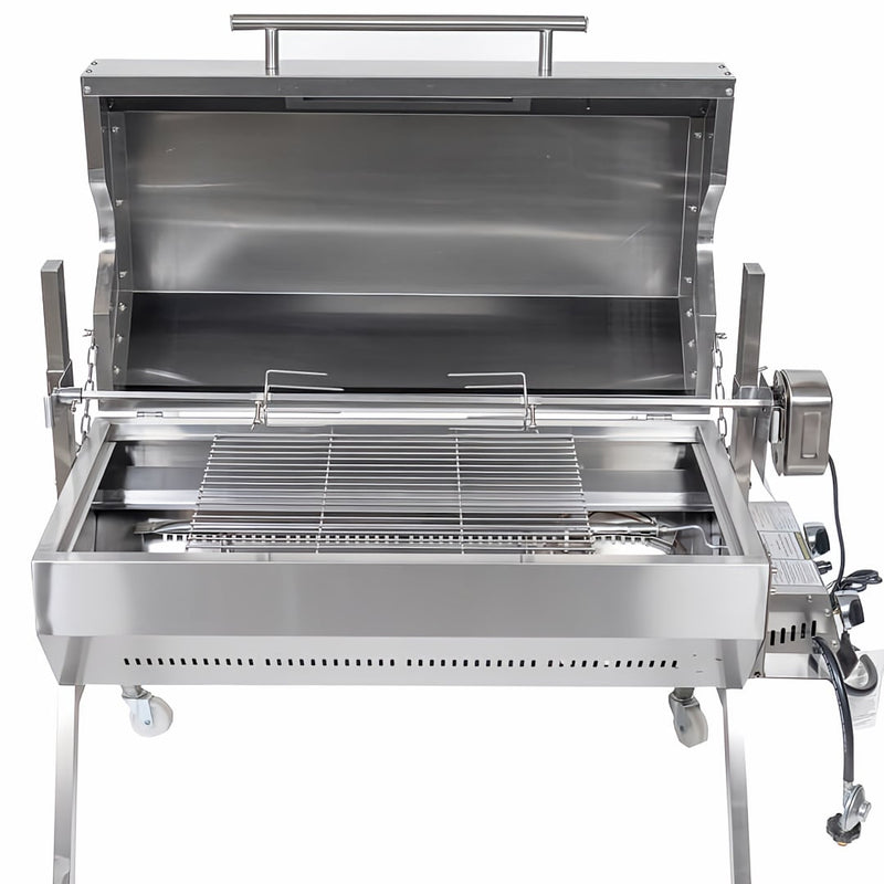 1000 mm Charcoal & Gas Dual Fuel BBQ Spit Roaster front view with the hood opened