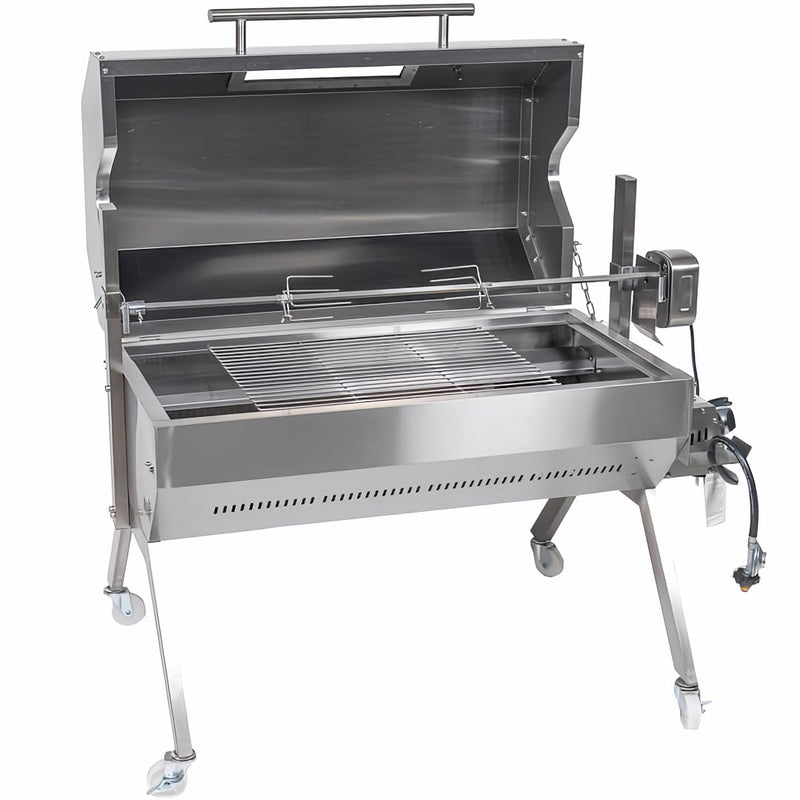 1000 mm Charcoal & Gas Dual Fuel BBQ Spit Roaster showing the 10 kg model with the hood open