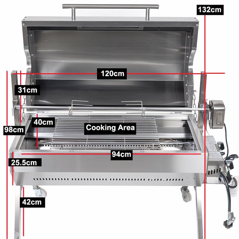 1000 mm Charcoal & Gas Dual Fuel BBQ Spit Roaster showing the units dimensions