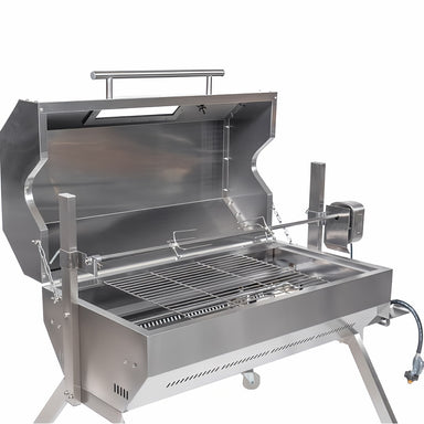 1000 mm Charcoal & Gas Dual Fuel BBQ Spit Roaster with the hood open