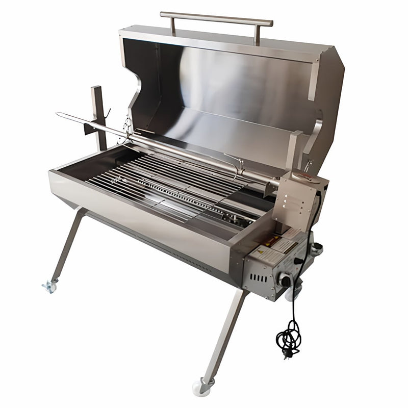 1000 mm Charcoal & Gas Dual Fuel BBQ Spit Roaster 30 kg rated motor with hood open