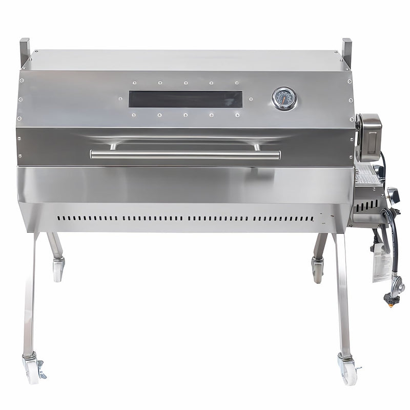 1000 mm Charcoal & Gas Dual Fuel BBQ Spit Roaster 10 kg rated motor with hood closed