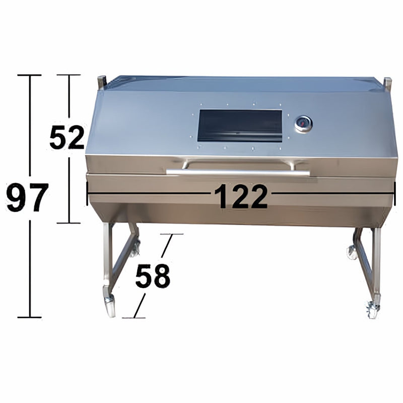 1200 mm Hooded Spartan BBQ Spit Roaster Rotisserie with the hood closed showing the dimensions