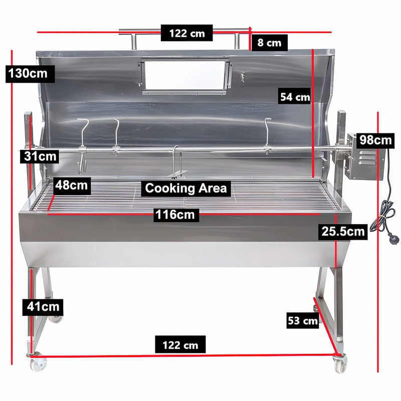 1200 mm Hooded Spartan BBQ Spit Roaster Rotisserie showing the full dimensions of the unit