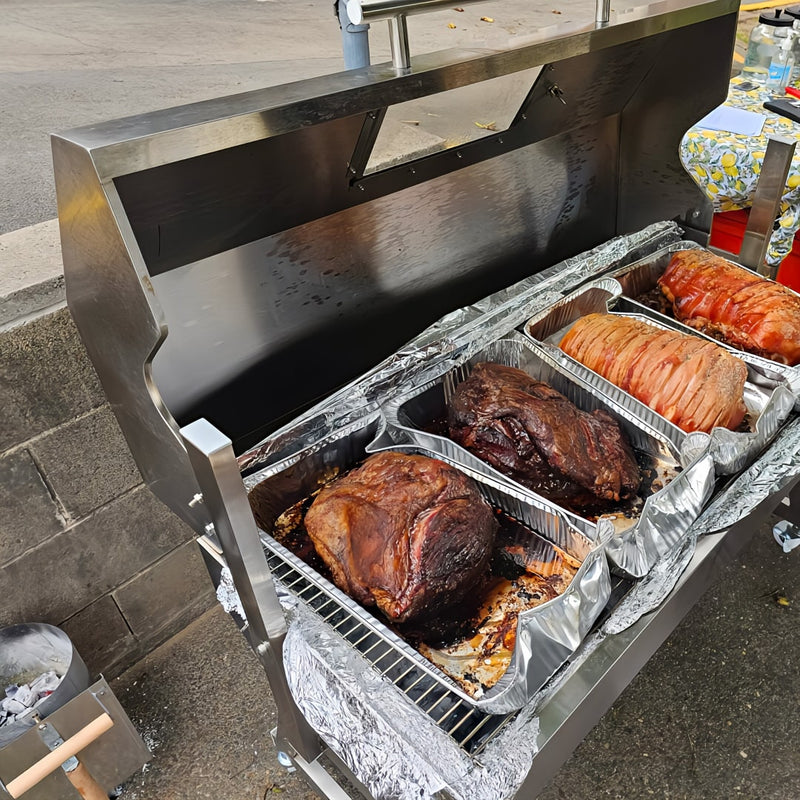 1200 mm Hooded Spartan BBQ Spit Roaster Rotisserie showing the cooked meats as a BBQ or oven