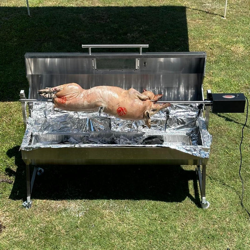 1200 mm Hooded Spartan BBQ Spit Roaster Rotisserie front view with pig on it
