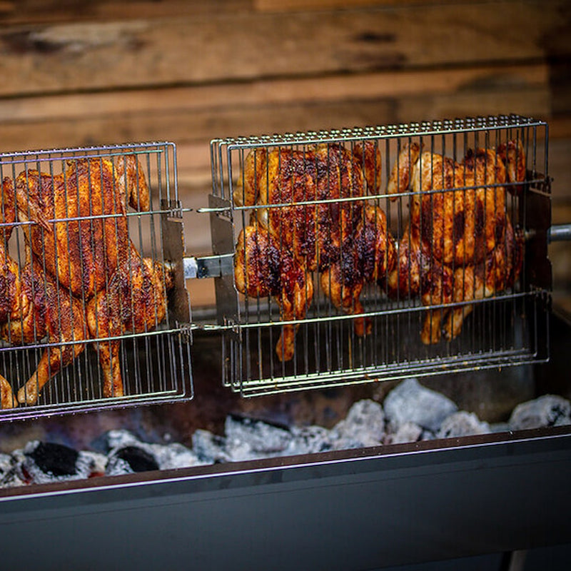 1200mm BBQ Spit Rotisserie | The Master | Charcoal showing chicken cooking in basket