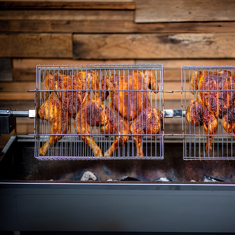 1200mm BBQ Spit Rotisserie | The Master | Charcoal front view of chicken cooking