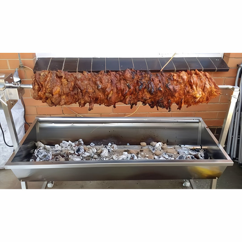 1200mm BBQ Spit Rotisserie | The Master | Charcoal showing a full soulvlaki cooking