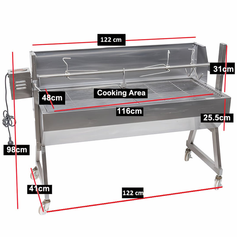 1200 mm Spartan BBQ Spit Roaster Rotisserie showing the units full dimensions