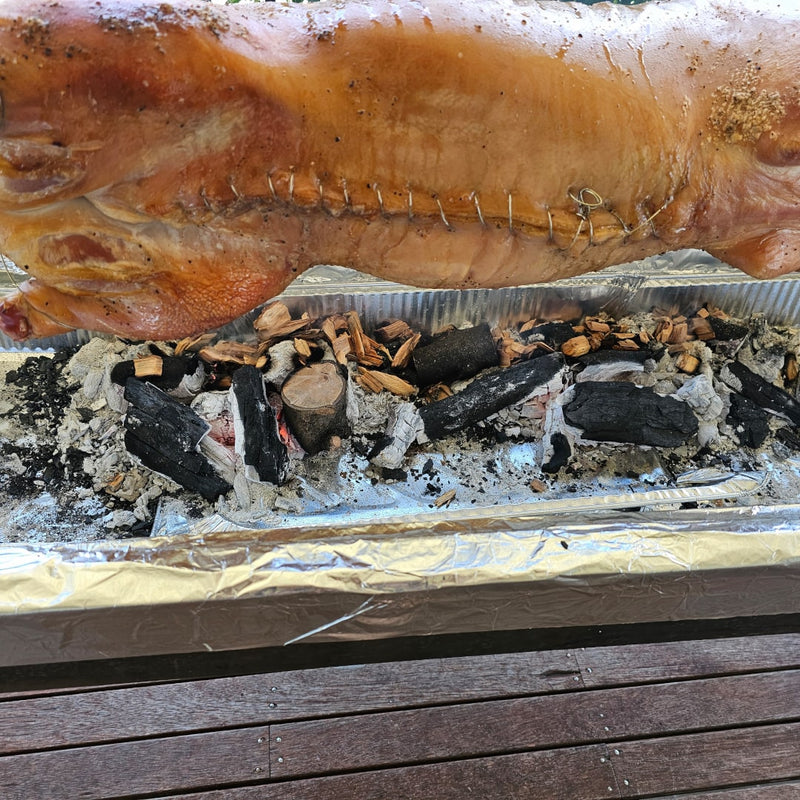 1500 mm BBQ Spit Rotisserie | Spartan close up of charcoal with some smoking wood