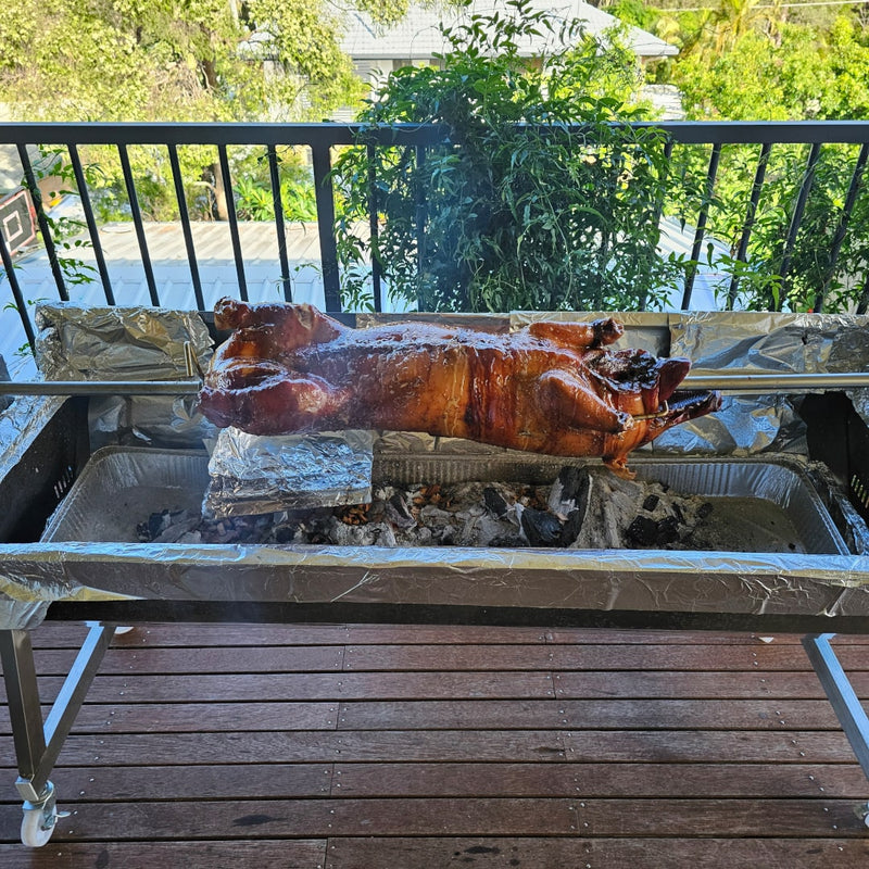 1500 mm BBQ Spit Rotisserie | Spartan whole pig cooking on a deck