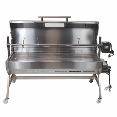 1500 mm Charcoal & Gas Dual Fuel BBQ Spit Roaster front view showing the grills and accessories