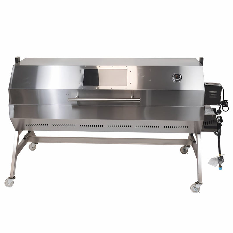 1500 mm Charcoal & Gas Dual Fuel BBQ Spit Roaster showing the unit with its hood down