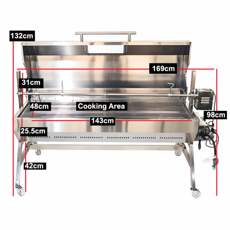 1500 mm Charcoal & Gas Dual Fuel BBQ Spit Roaster showing the units full dimensions