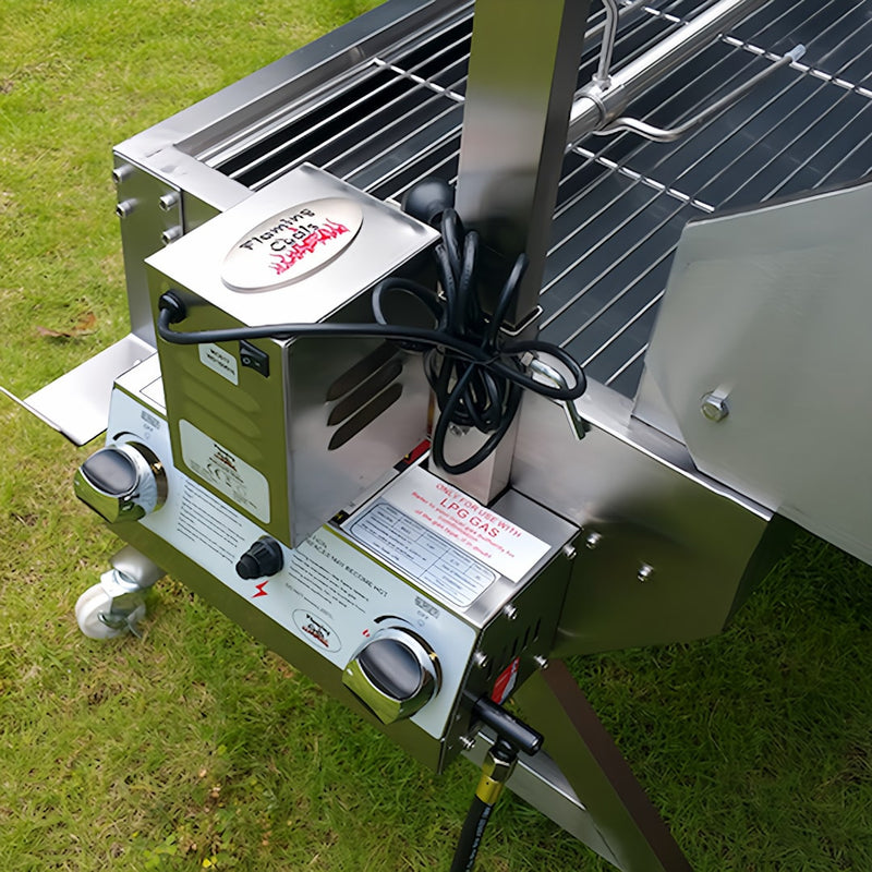 1500 mm Charcoal & Gas Dual Fuel BBQ Spit Roaster top view of the motor and gas controls
