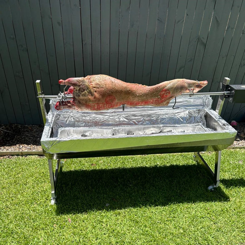 1500 mm BBQ Spit Rotisserie | Spartan with lamb on ready to start cooking