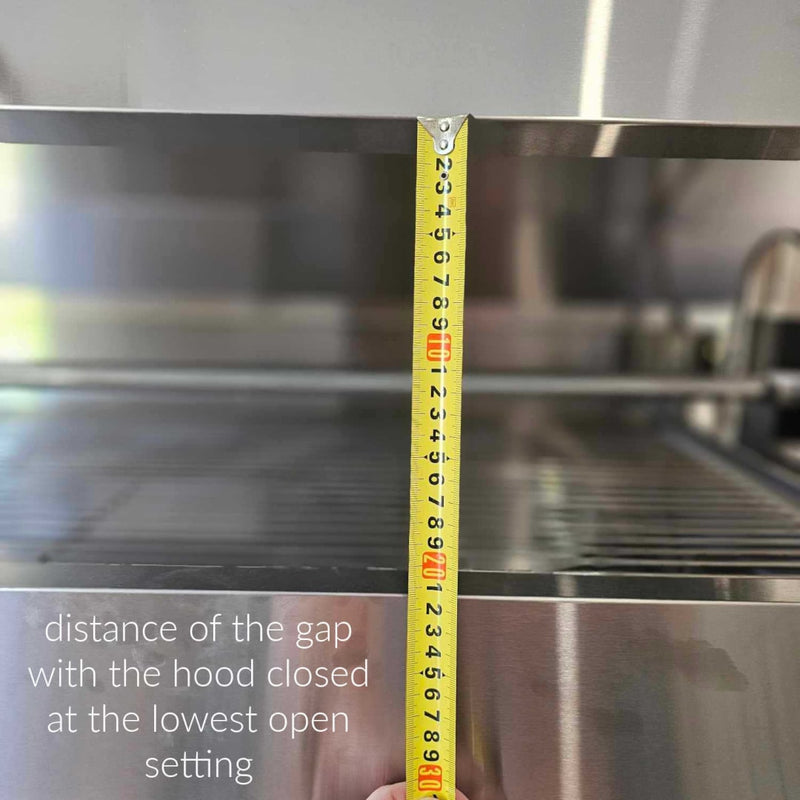 1500mm BBQ Spit Rotisserie | Hooded Spartan showing measurement of hood at lowest setting