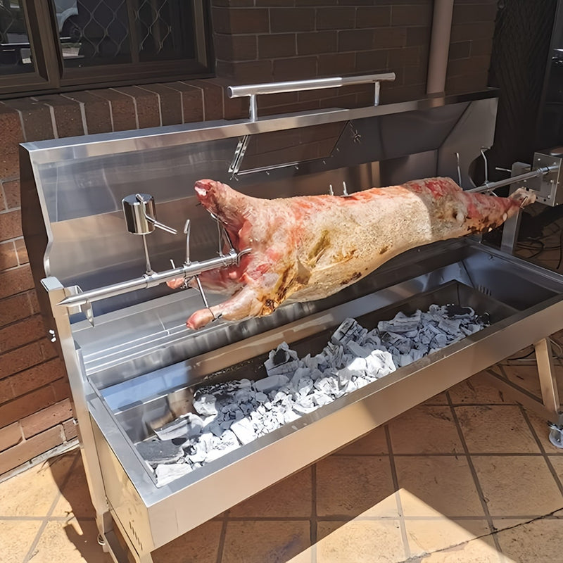 1500mm BBQ Spit Rotisserie | Hooded Spartan with a whole lmab cooking