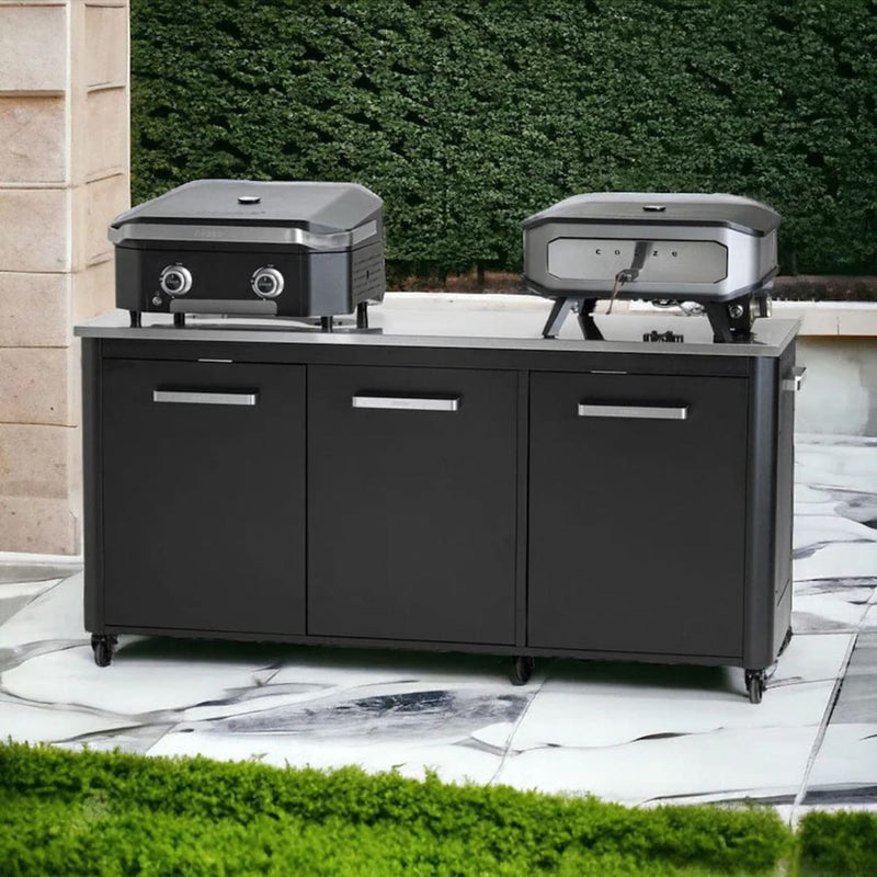 1800 mm Three Door Outdoor Kitchen | Modular | Cozze in otdoorarea with pizza oven and bbq on top