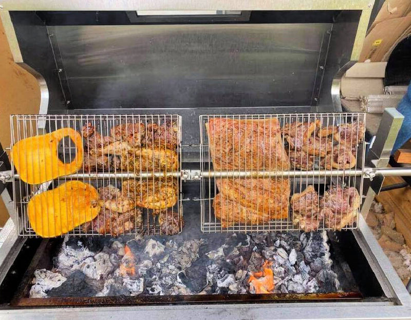 Spit Roaster Multi Use Basket | two baskets next to each other filled with meat and veggies