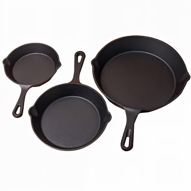 3 Piece Cast Iron Pan Set | BBQ & Camping with all 3 seperated and showing