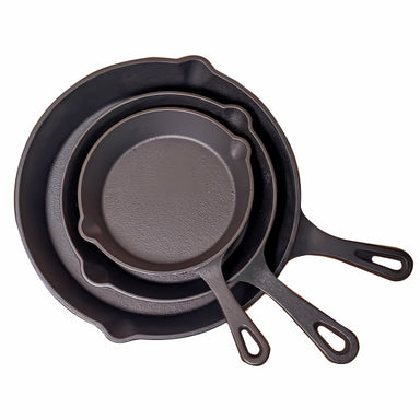 3 Piece Cast Iron Pan Set | BBQ & Camping with all 3 stacked on top of each other