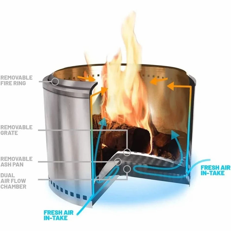 Smokeless Fire Pit With FREE Grill, Lid and Carry Bag showing the 650 mm showing how it works