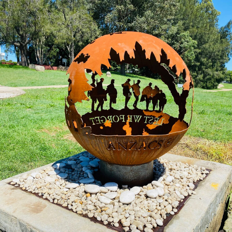 Outdoor Globe Fire Pits | World | ANZAC | Death Star | Leaf showing the wording of the fire pit