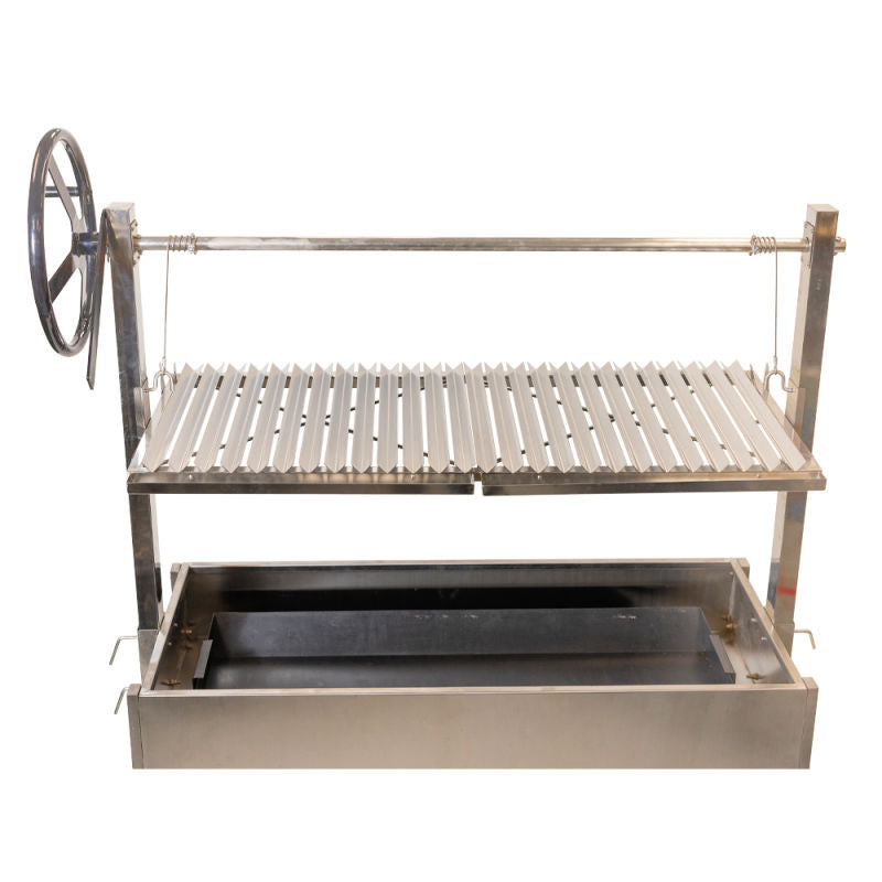 Large Parrilla Argentine BBQ Grill for Hire front view of the wheel and grill raised