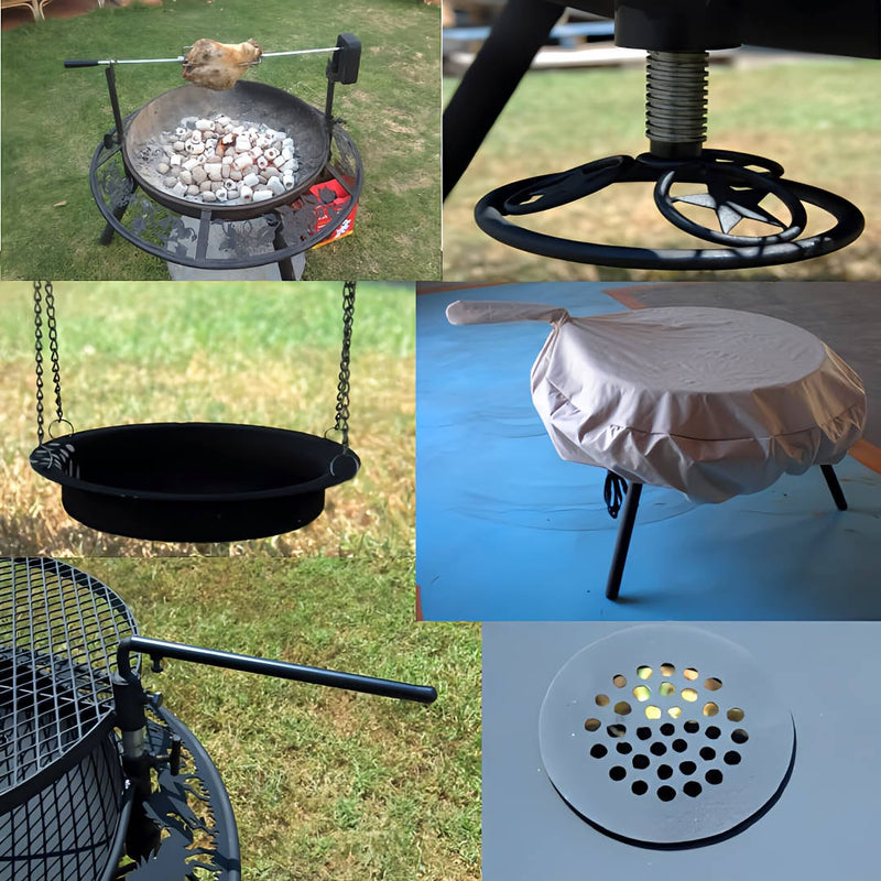 BBQ Grill and Fire Pit showing multiple pictures including vinyl cover, ash cover, grill