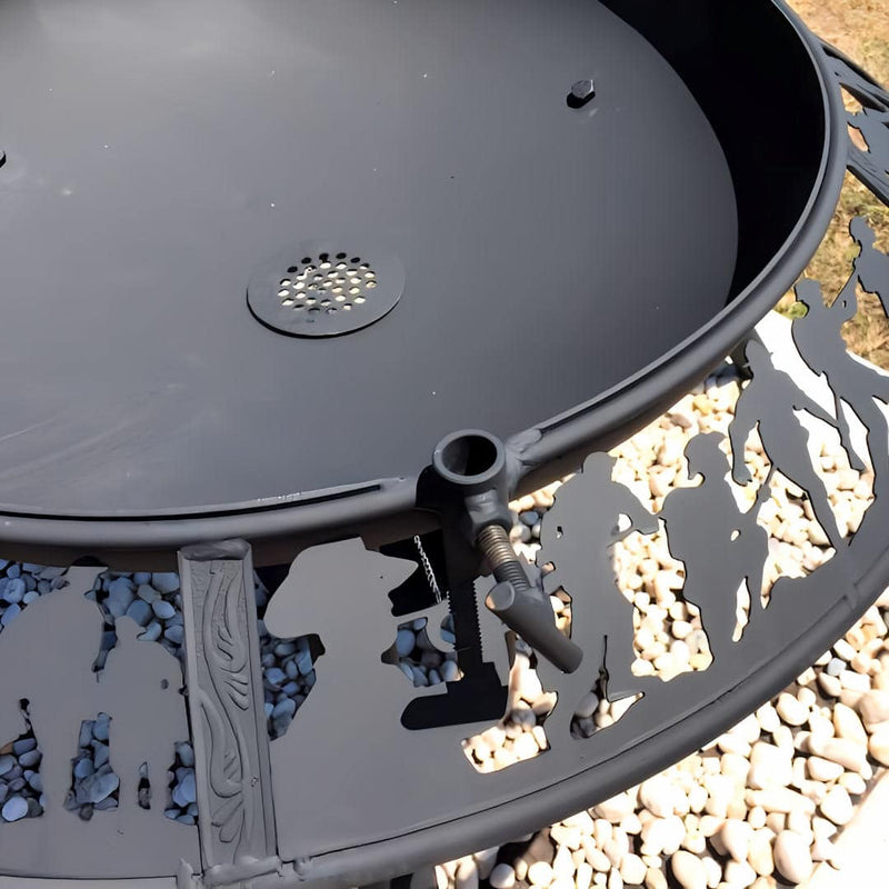 BBQ Grill and Fire Pit  close up view of spit attachment with anzac design