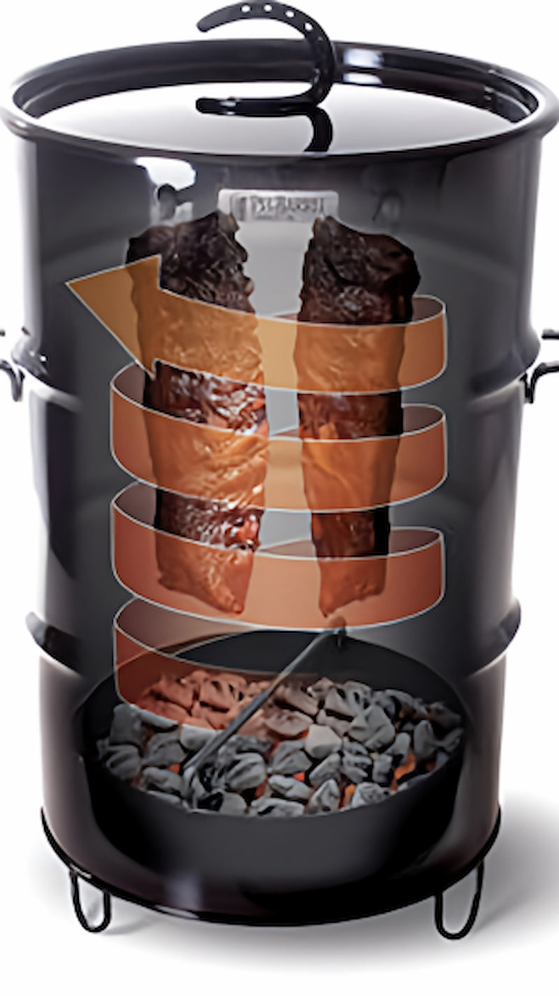 Pit Barrel Smoker & Cooker showing beef ribs hanging inside with smoke flow diagram