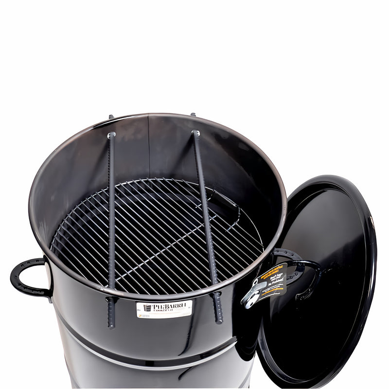Pit Barrel Smoker & Cooker top view of smoker showing grilling rack and hanging rods