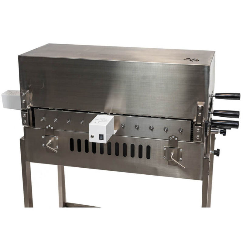 BBQ Spit Roaster | Hooded Cyprus with the lid closed from the back showing back motor