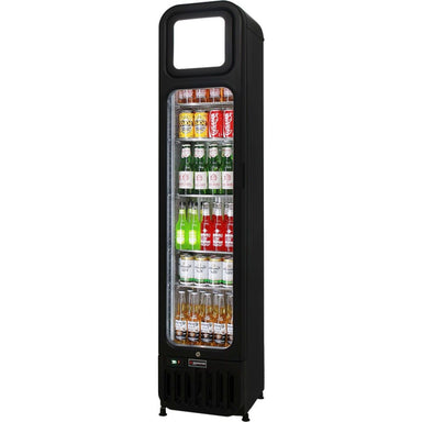 Bar Fridge | 135 Litre Upright in black with door closed and full of drinks