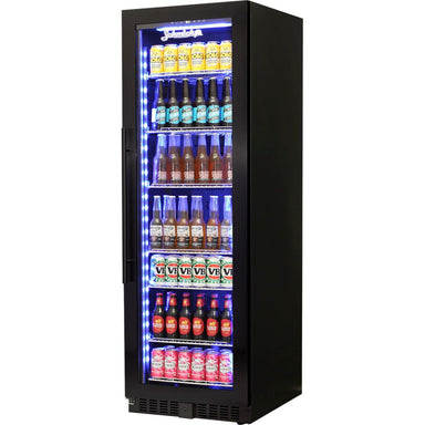 Bar Fridge | 405 Litre Upright black, front right view full of beers