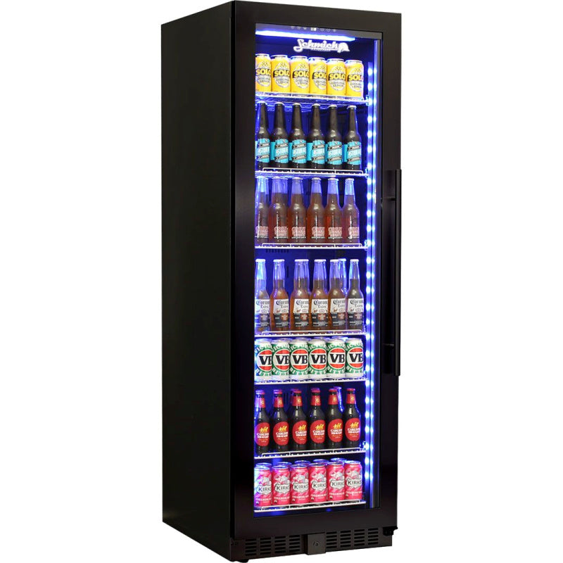 Bar Fridge | 405 Litre Upright Black, front left view full of beers