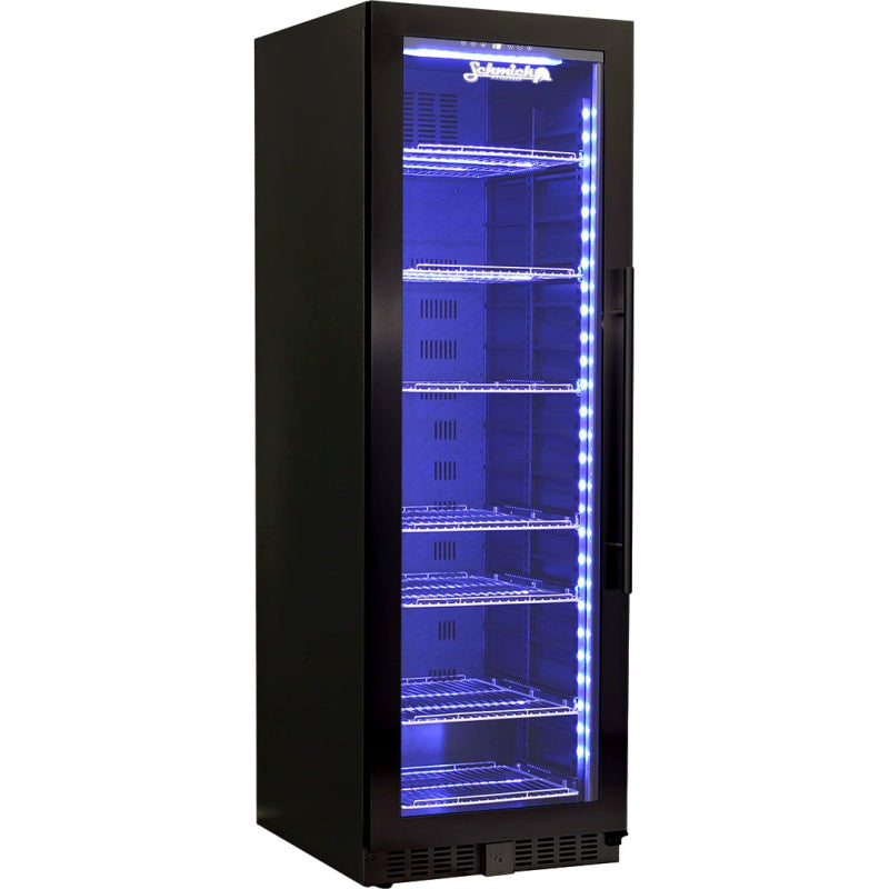 Bar Fridge | 405 Litre Upright Black, full view showing empty fridge with blue LED lights