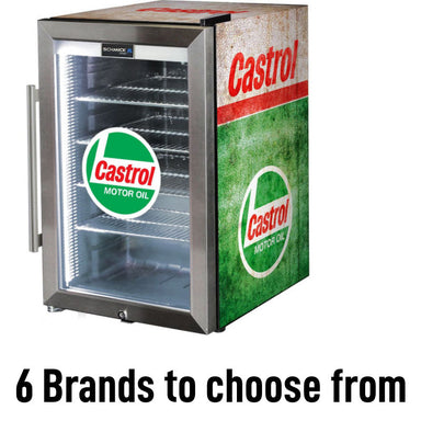 Bar Fridge | 70 Litre Fuel Pump Castrol branded full view with writing on front saying 6 brands available
