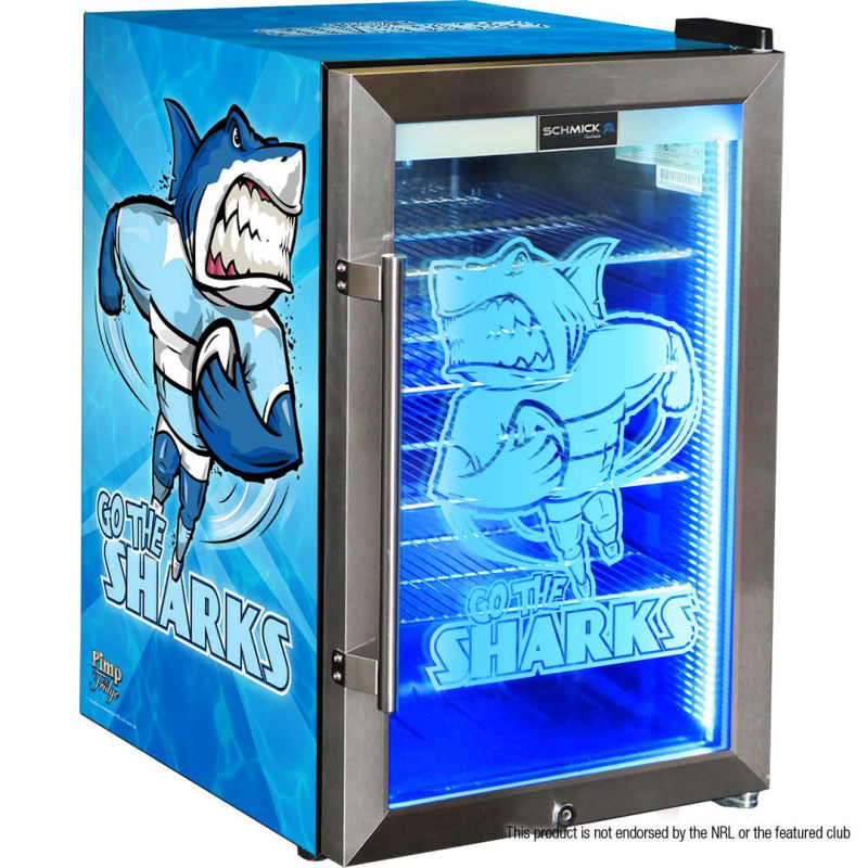 Bar Fridge | 70 Litre NRL Team Sharks Branded front left full view of bar fridge on white background