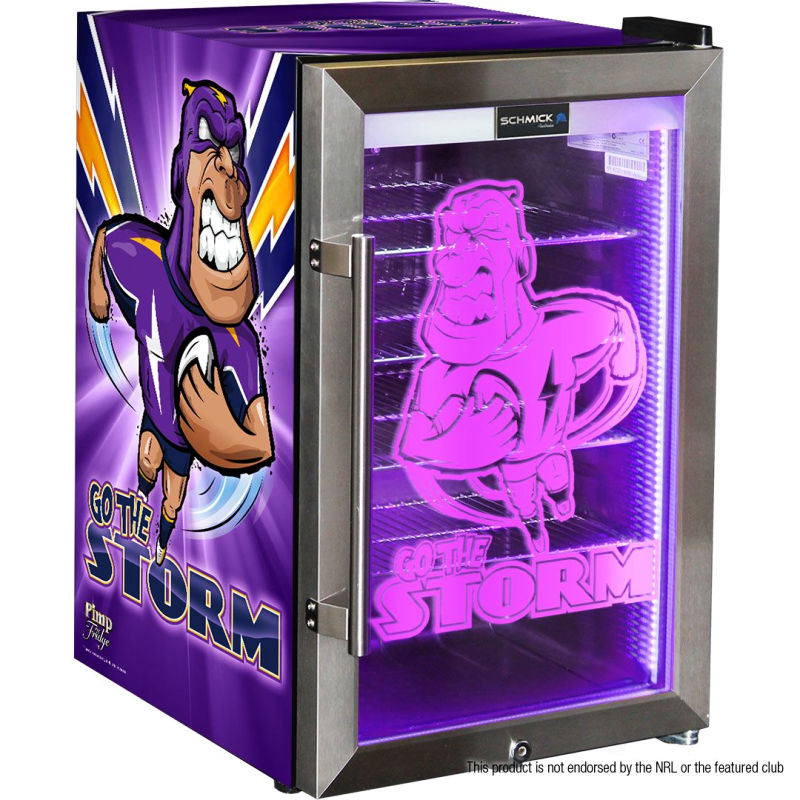 Bar Fridge | 70 Litre NRL Team Storm Branded front left full view of bar fridge on white background