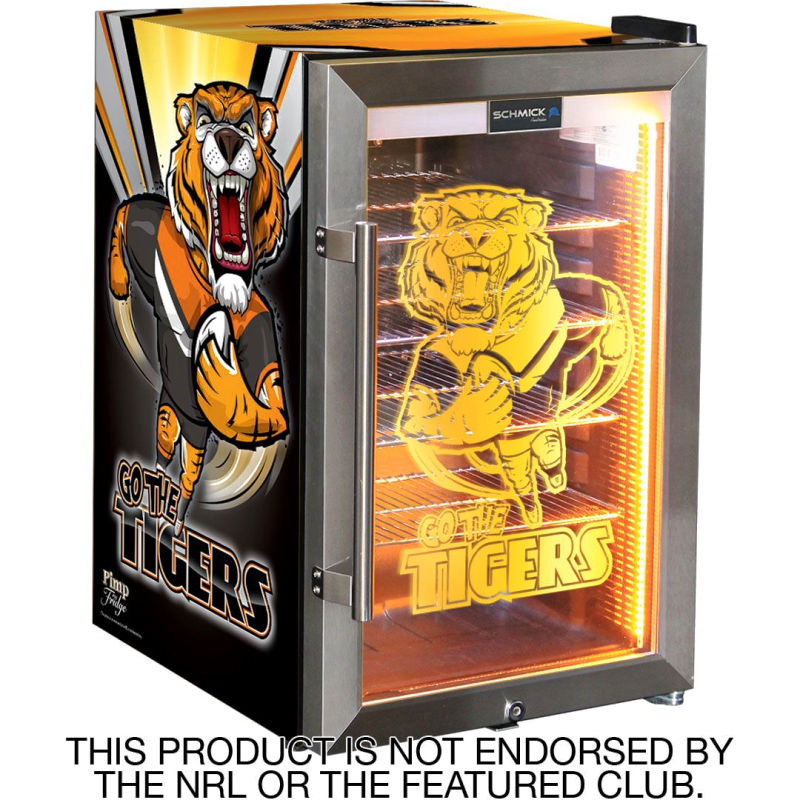 Bar Fridge | 70 Litre NRL Team Tigers Branded front left full view of bar fridge on white background