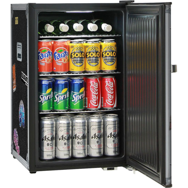 Bar Fridge | 70 Litre Retro Roadie case design with door open showing it full of cans and bottles of wine