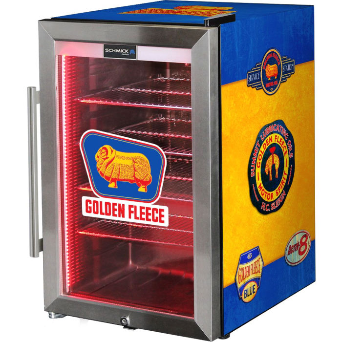 Bar Fridge | 70 Litre Fuel Pump Golden Fleece branded front right full view on white background