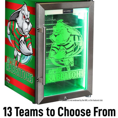 Bar Fridge | 70 Litre NRL Team  Rabbitohs Branded full view with writing saying 13 teams to choose from