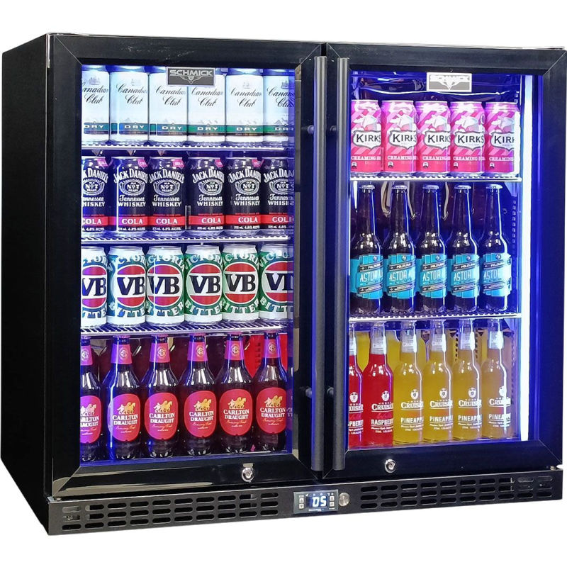 Bar Fridge | 2 Door Alfresco | Schmick SK206 doors closed with blue LED lights